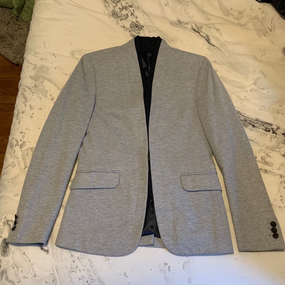 Gray Slim Fit Blazer with navy lapel